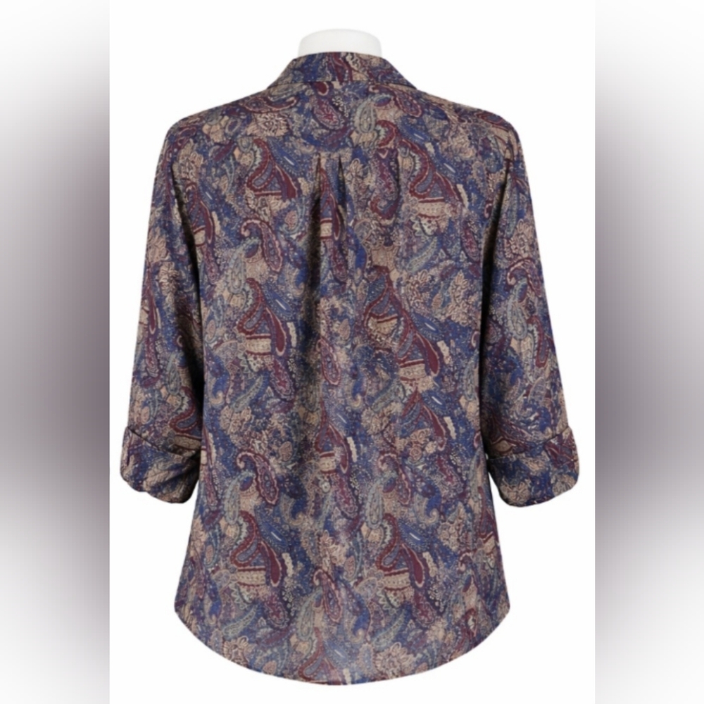 Vintage Paisley Multicolor Blue Maroon Button-Up Long Sleeve Retro Boho Top - Picture 6 of 7